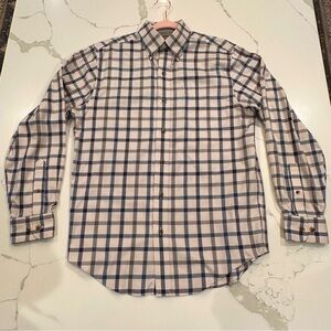 Denver Hayes Mens Never Iron Plaid Button Down Dress Shirt Size S Blue Brown